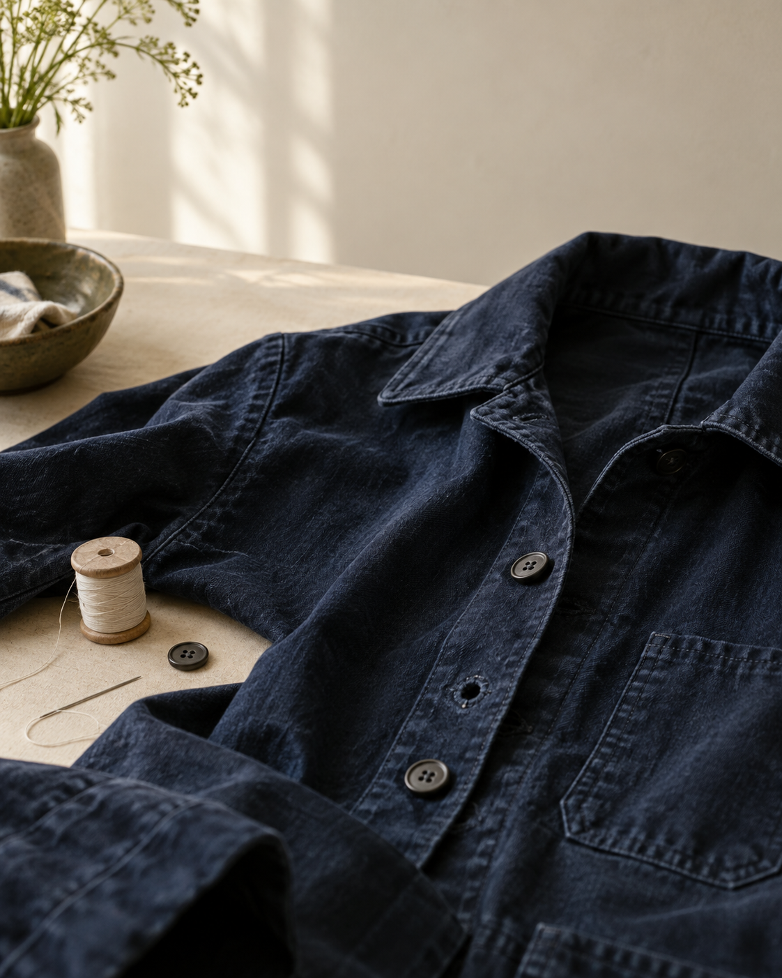 A well-loved jacket laid out with a spare button, needle and thread for repair